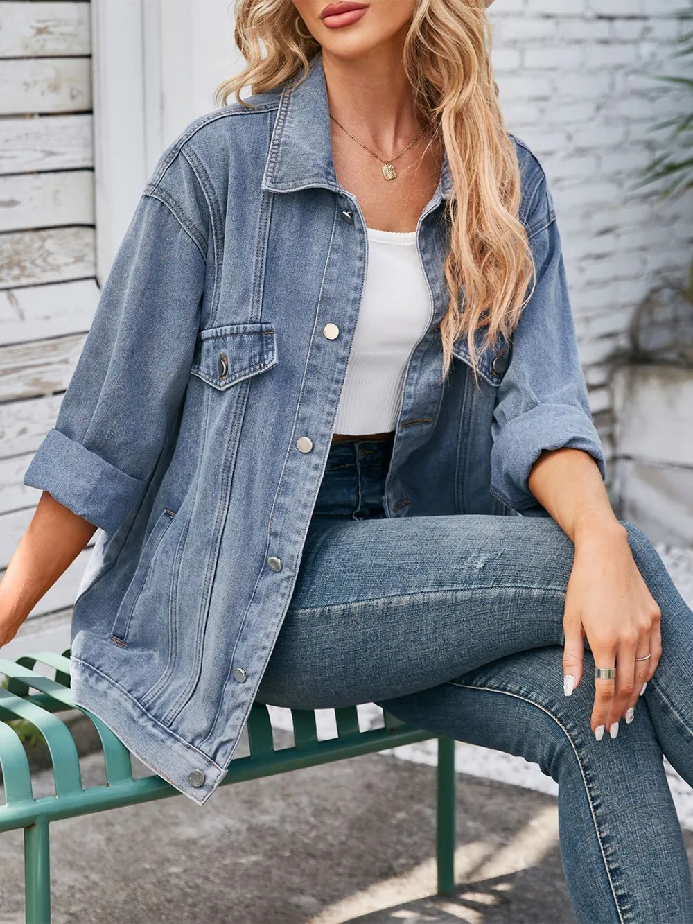 Button Up Long Sleeve Denim Jacket, image 7