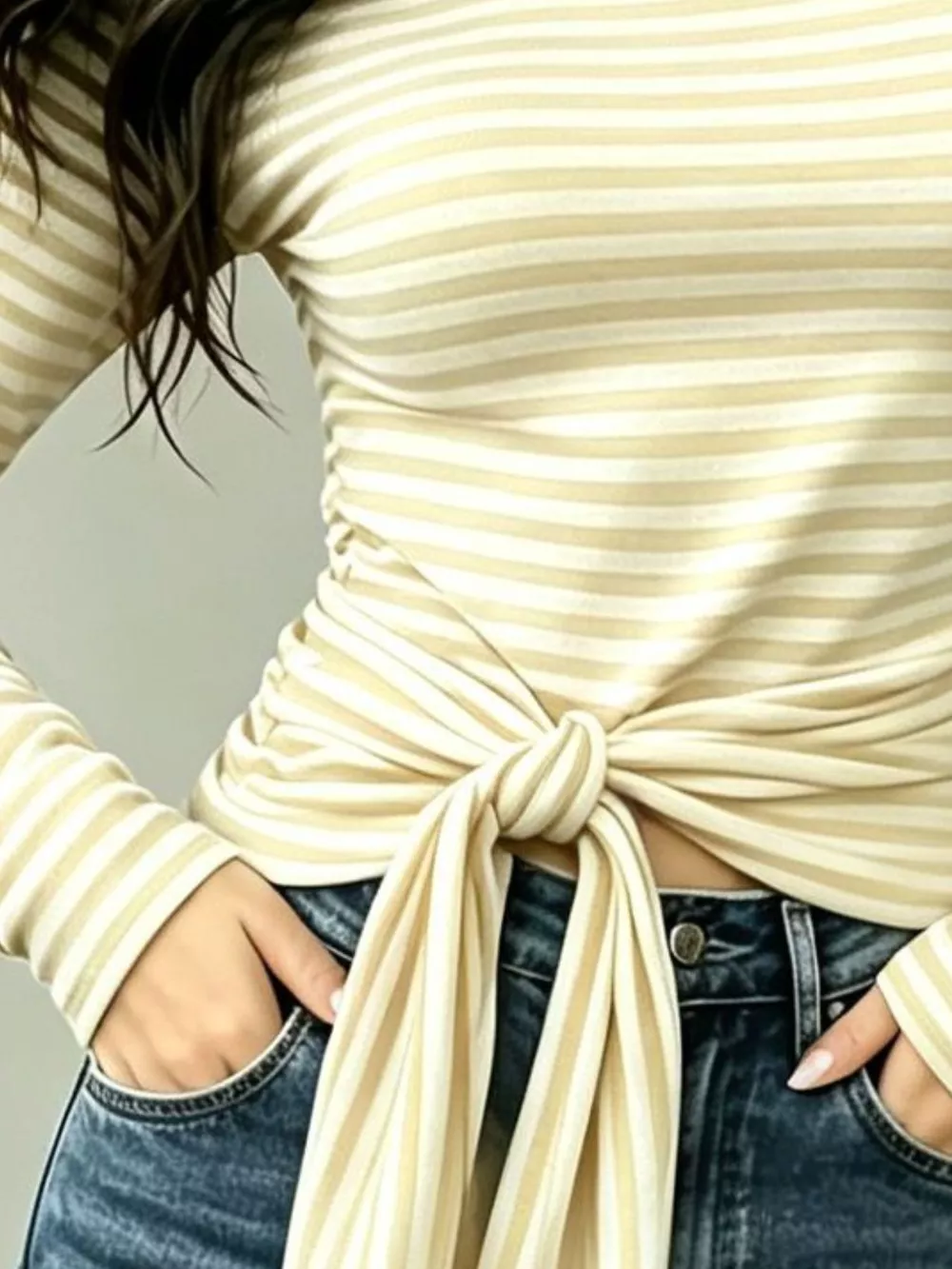 Long Sleeve Striped T-Shirt with Front Tie Detail, image 14
