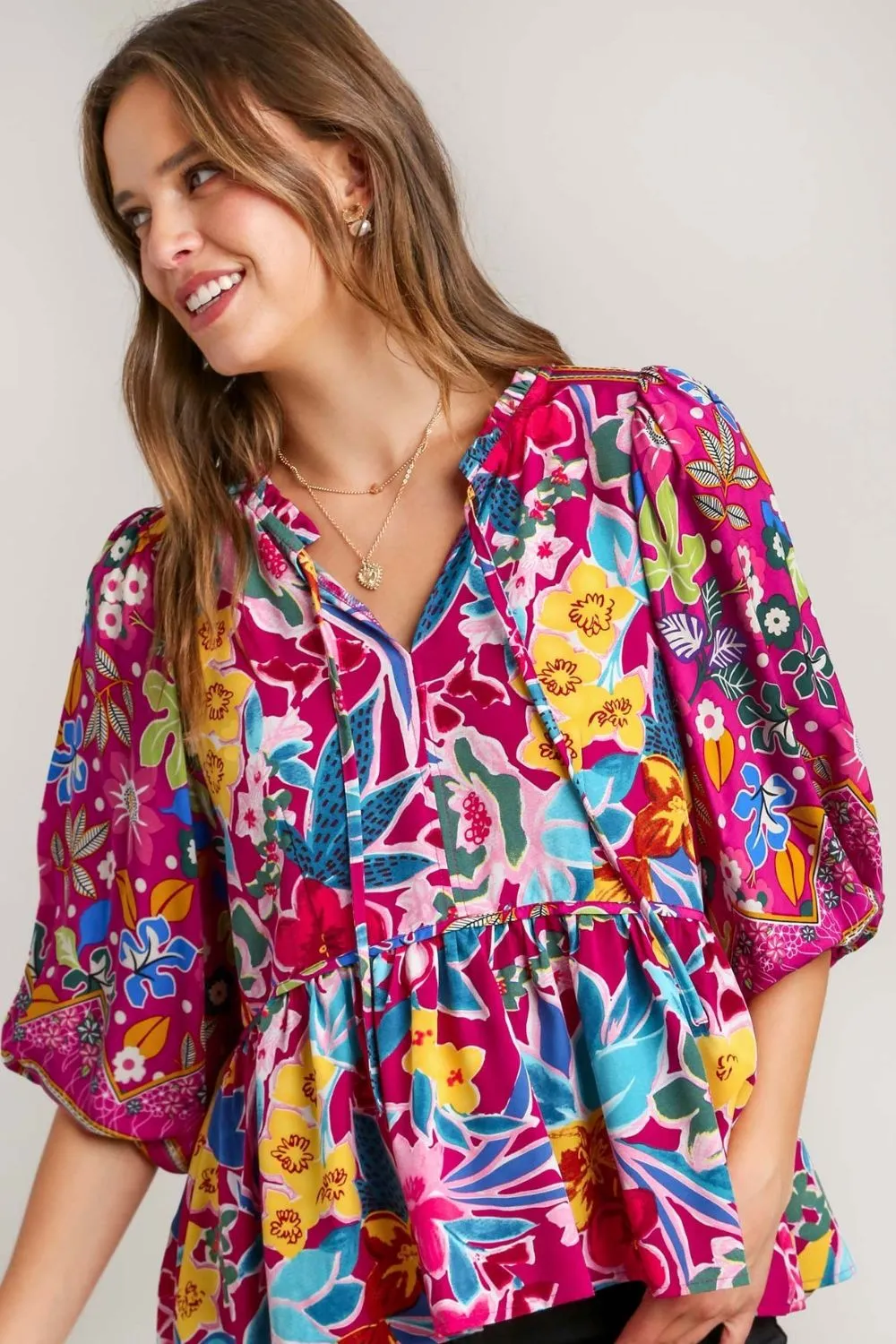 Full Size Floral Print Tie Neck Peplum Blouse Plus Size