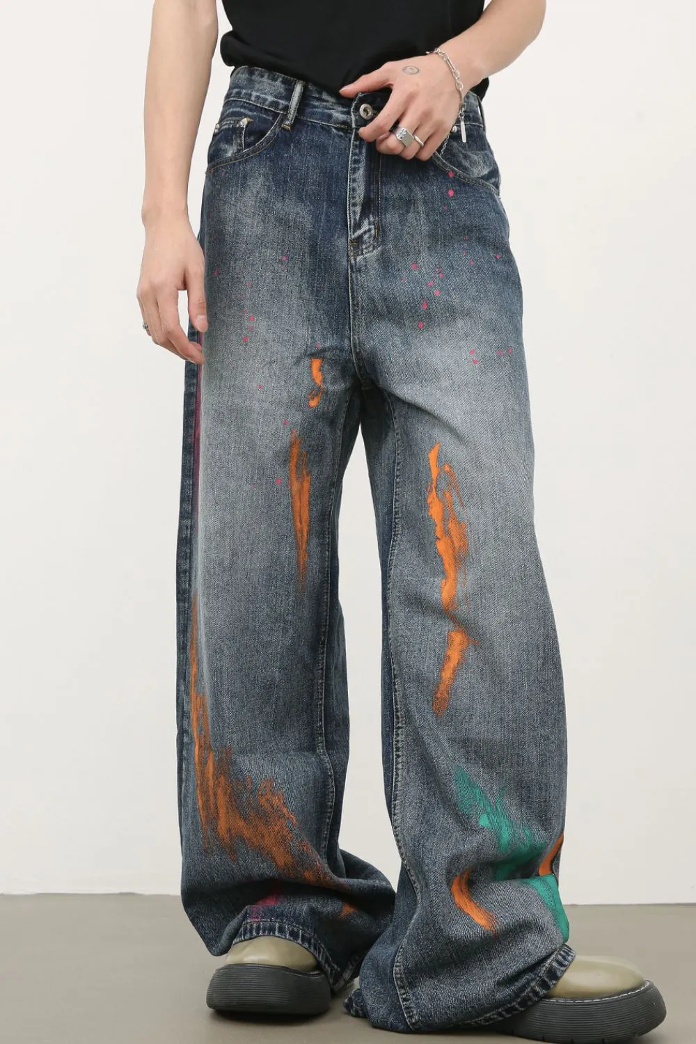 Men's Splash Print Wide Leg Jeans, image 3