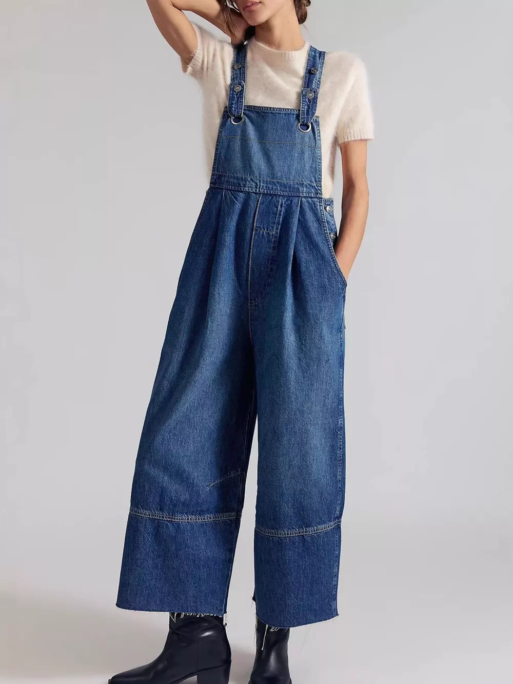 Raw Hem Wide-Leg Denim Overalls, image 7