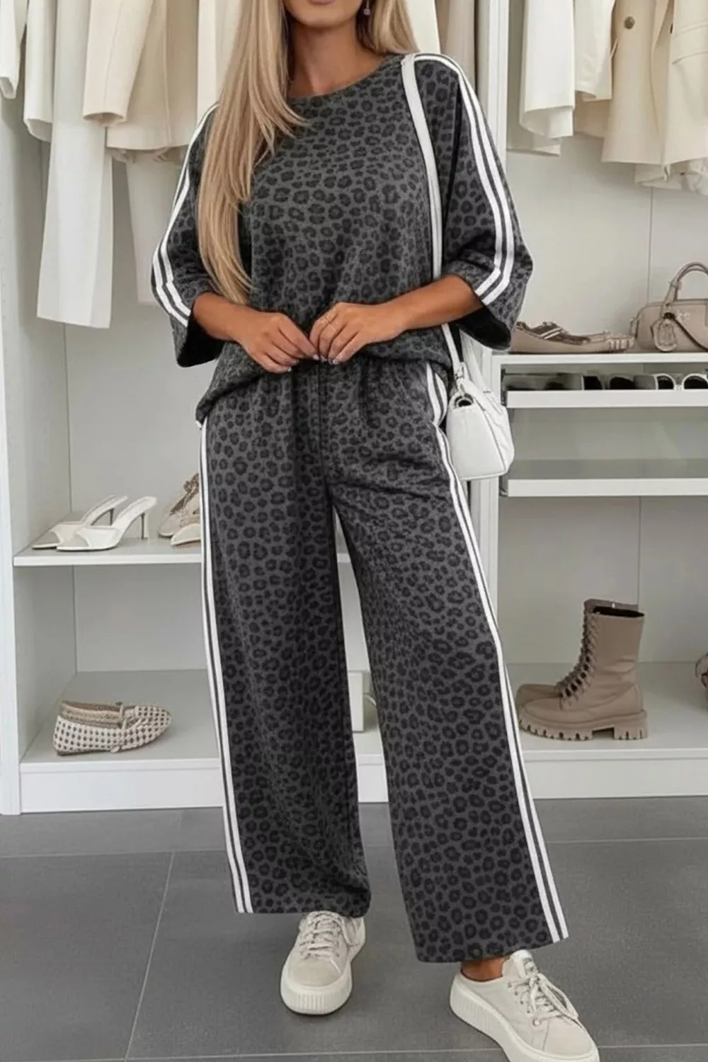 Leopard Print Varsity Striped Detail 3/4 Sleeve Top Shift Pant Set, image 2
