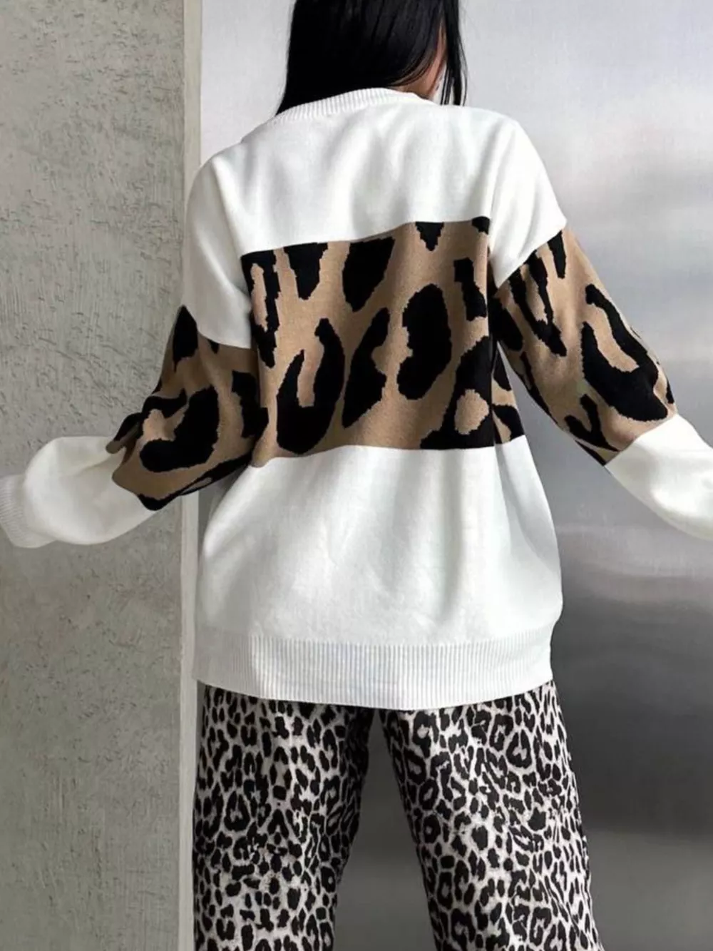 Leopard Color Block Round Neck Sweater, image 7