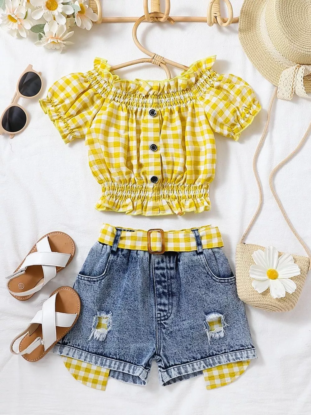 Children's Gingham Top & Denim Shorts Set, image 2