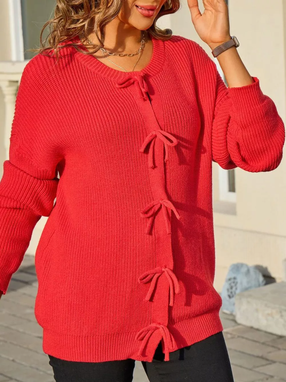 Ribbed Knit Bow-Tie Cardigan, image 14