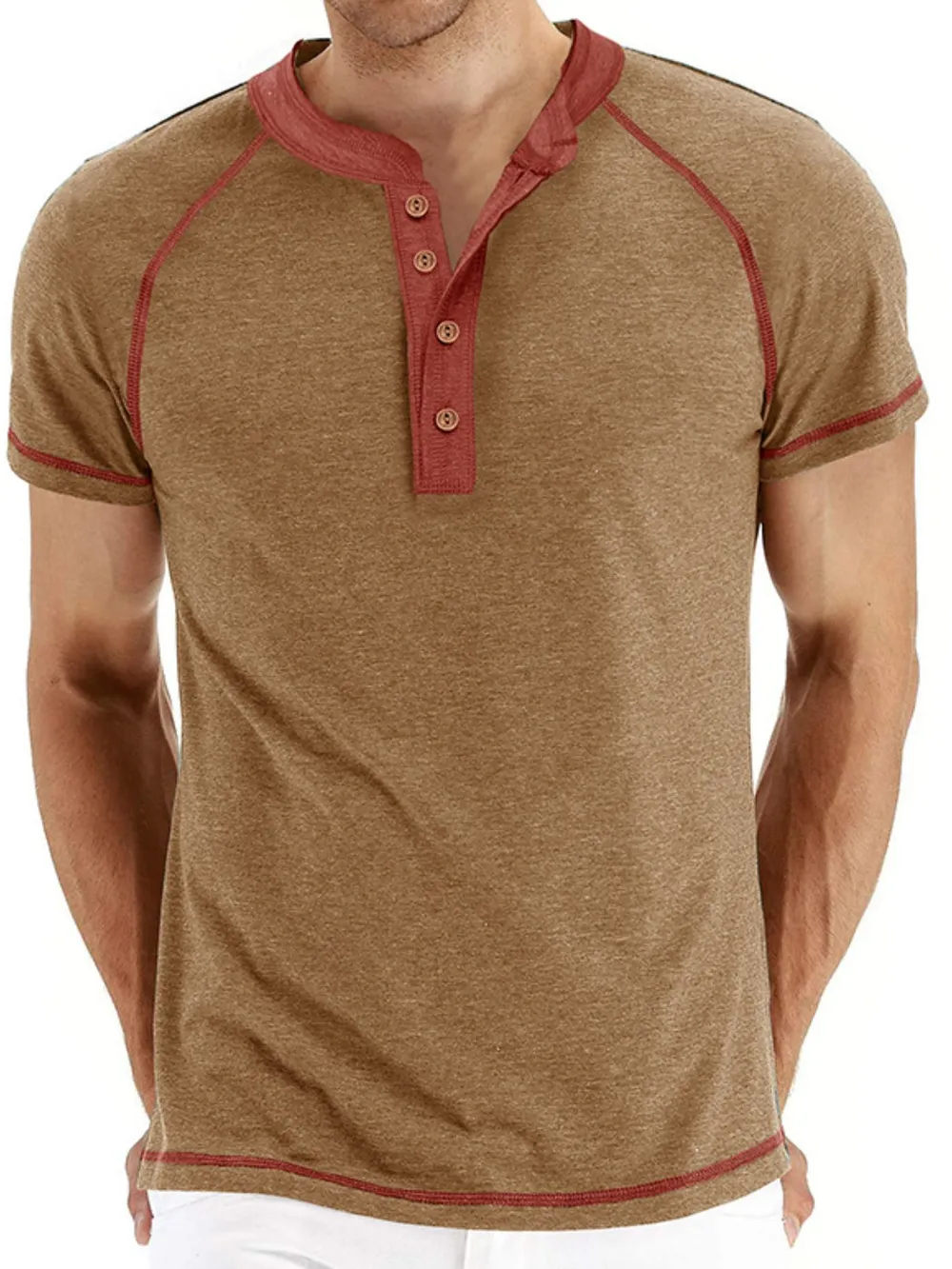 Men's Casual Henley Polo T-Shirt with Contrast Stitching, image 10