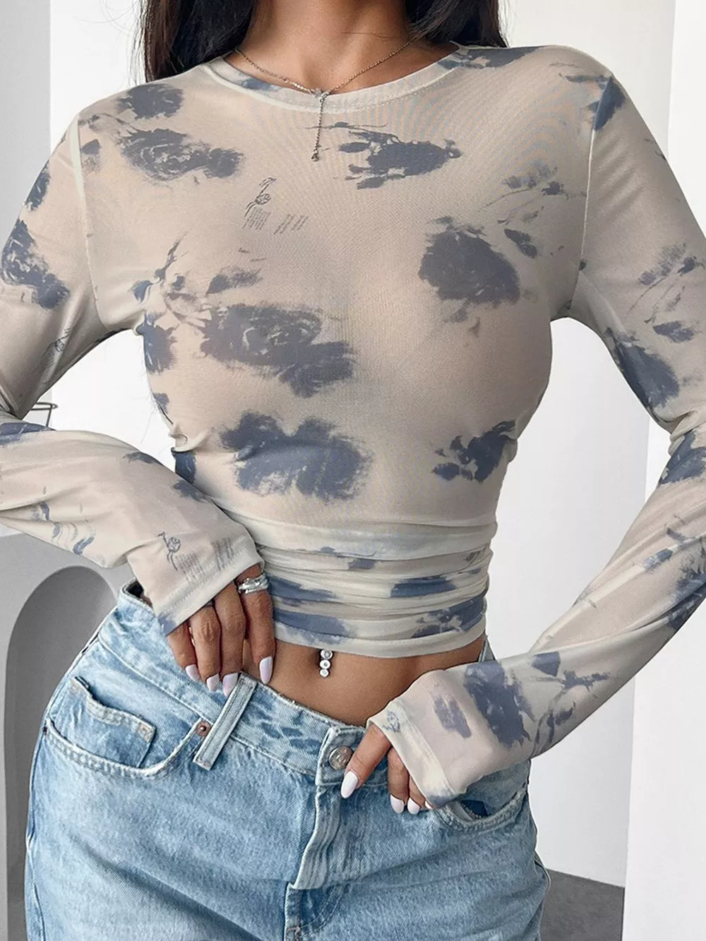 Sheer Cloud Print Long Sleeve T-Shirt, image 2