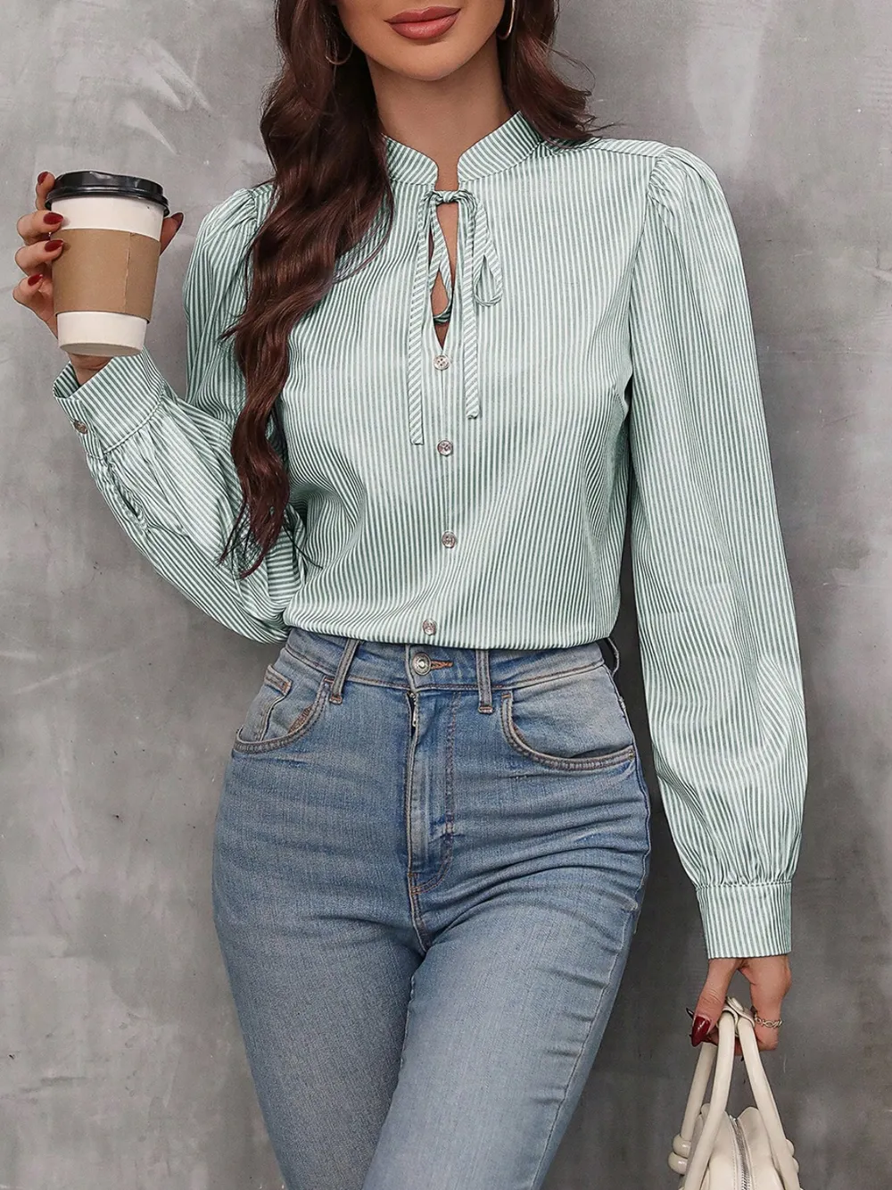 Striped Tie Neck Long Sleeve Blouse, image 10
