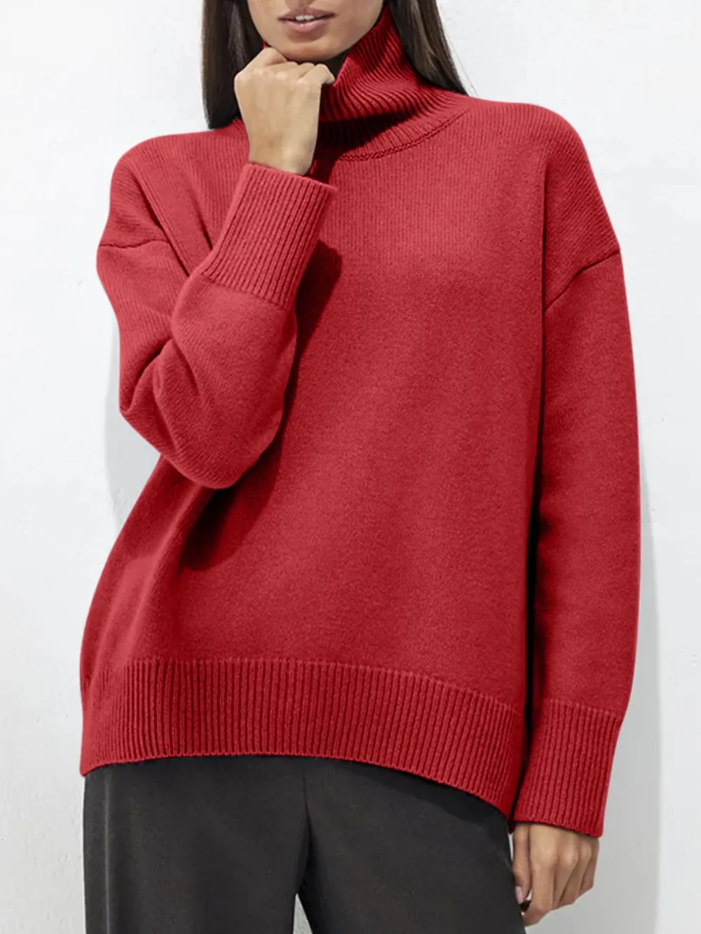Ribbed Detail Turtleneck Dropped Shoulder Sweater, image 13