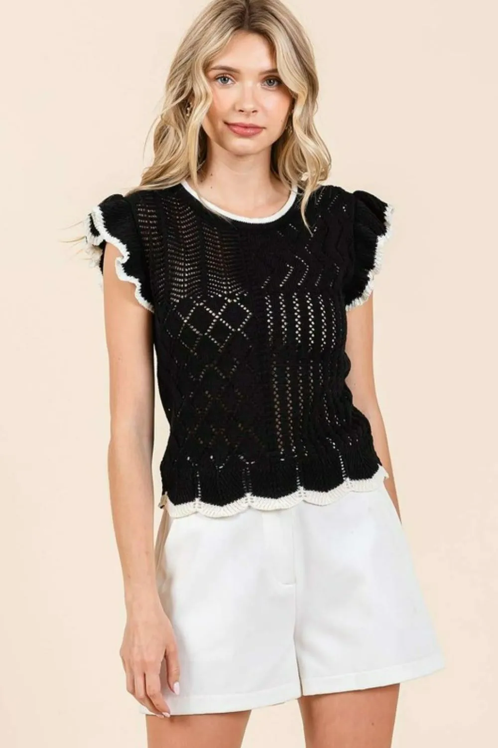 Openwork Contrast Trim Ruffled Cap Sleeve Knit Top, image 5