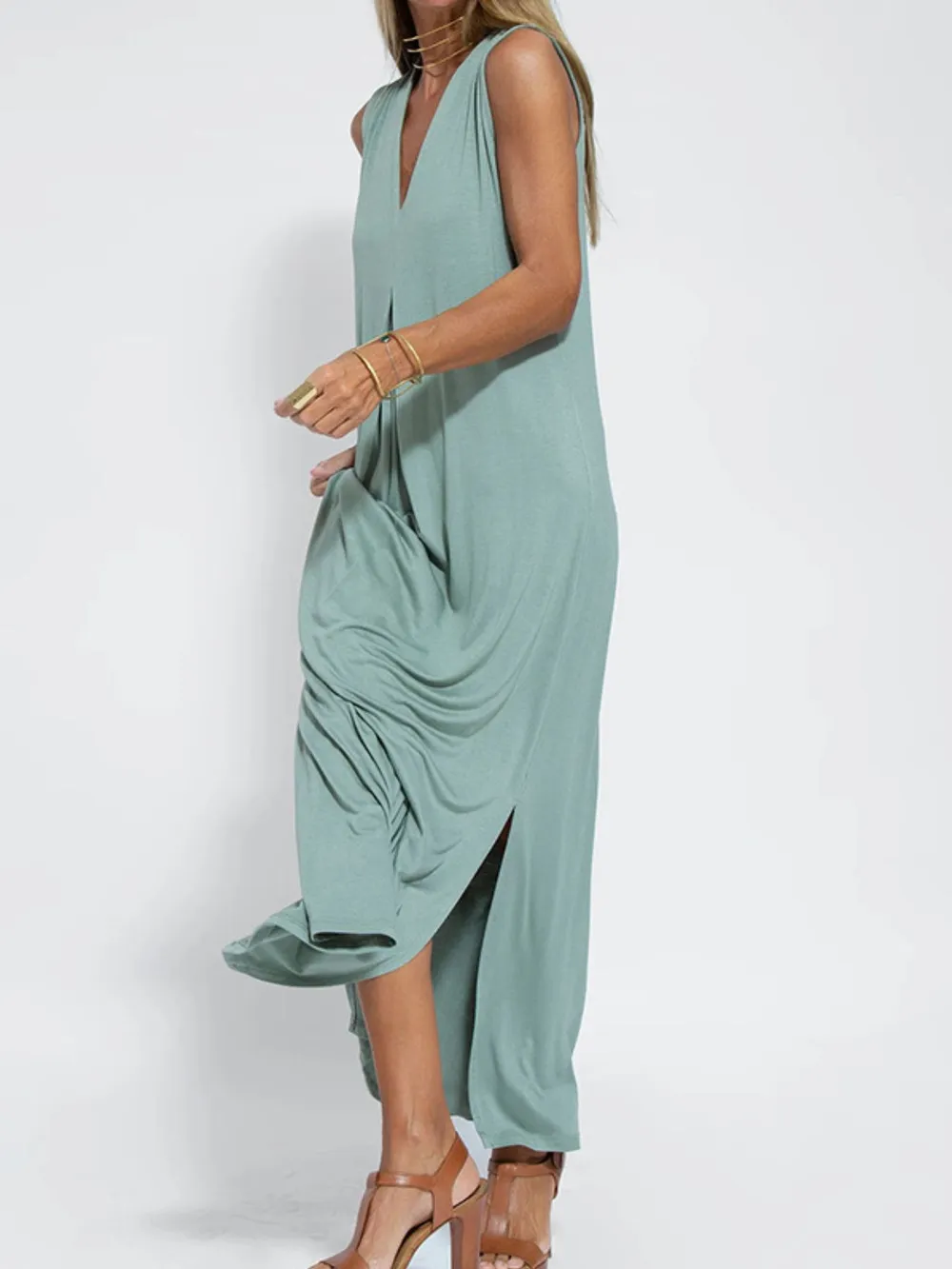 Full Size V-Neck Sleeveless Maxi Dress with Slit Plus Size, image 4