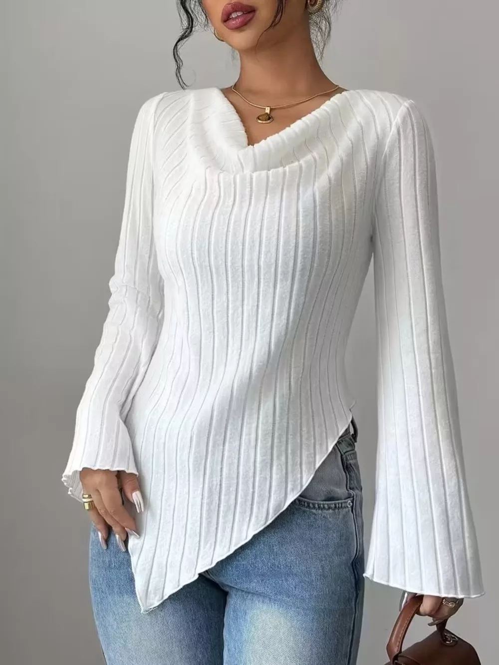 Cowl Neck Ribbed Knit Top, image 10