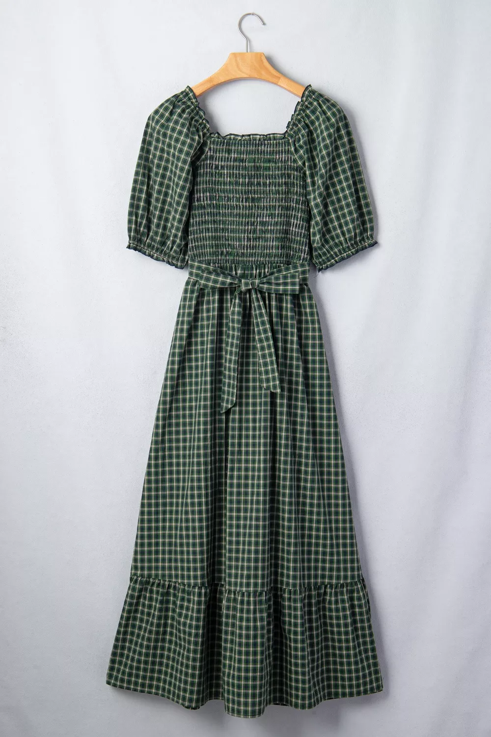 Plaid Square Neck Shirred High Waist Ruffle Hem Maxi Dress, image 7