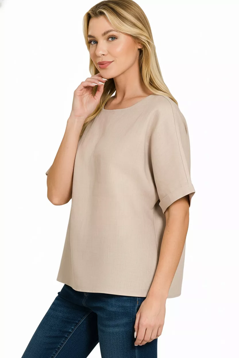 Linen Round Neck Cuffed Sleeve Top, image 2