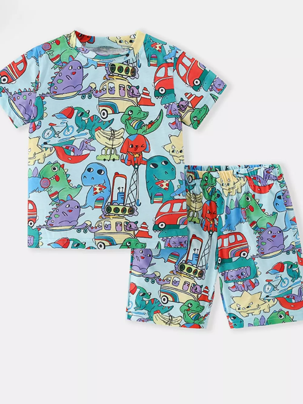 Children's Cartoon Dinosaur Print Tee and Shorts Set