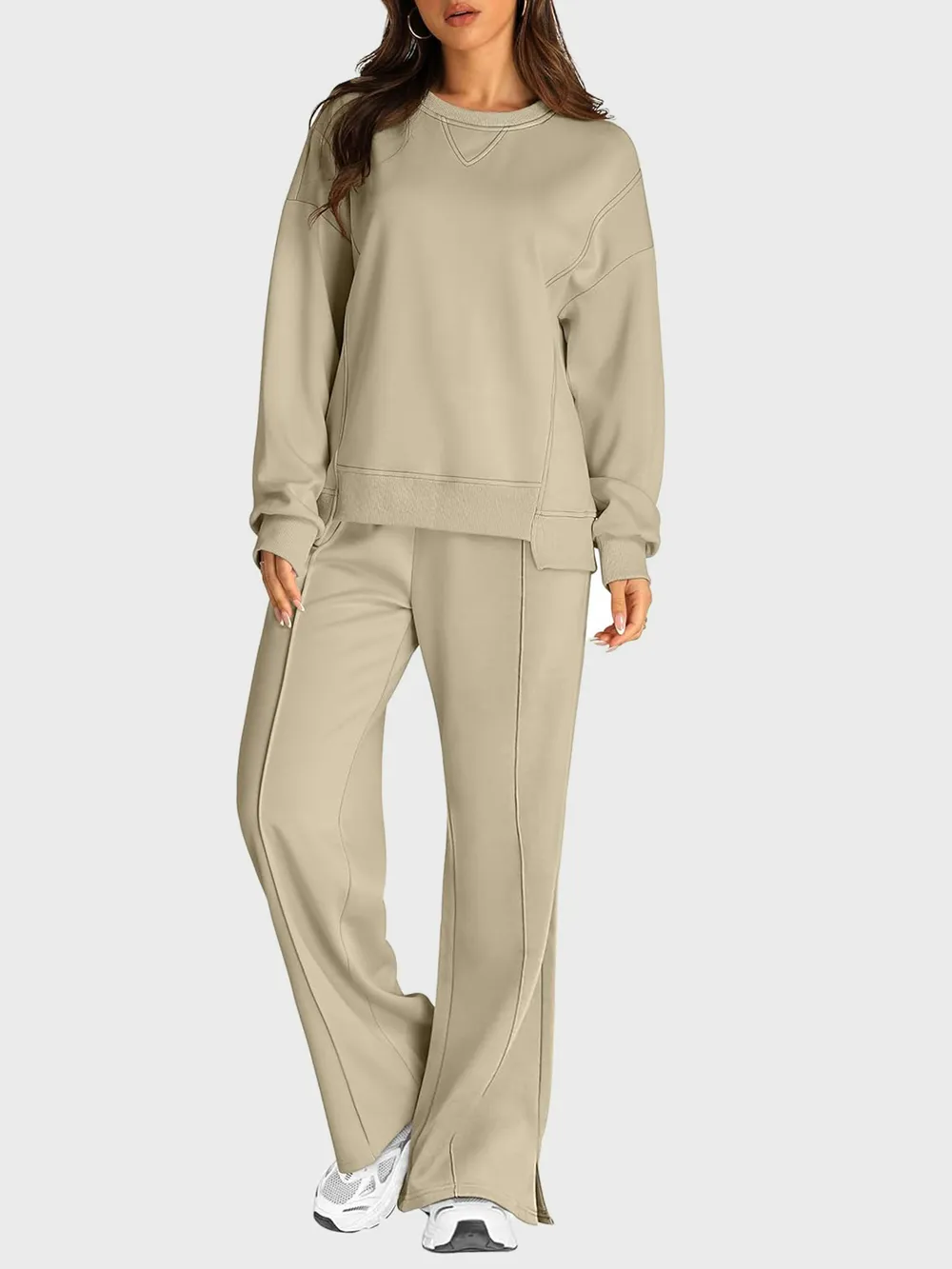 Round Neck Long Sleeve Top and Slit Pants Set, image 16