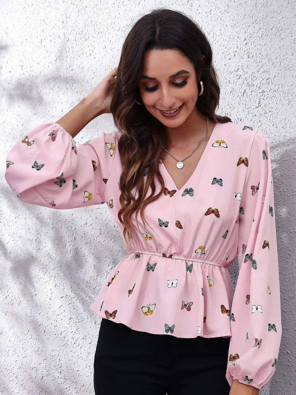 Printed V-Neck Long Sleeve Blouse, image 2