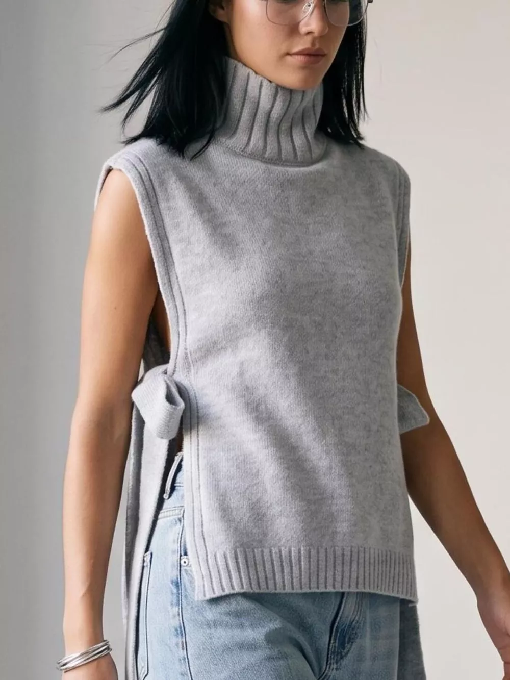 Turtleneck Side-Tie Knit Sweater Vest, image 4