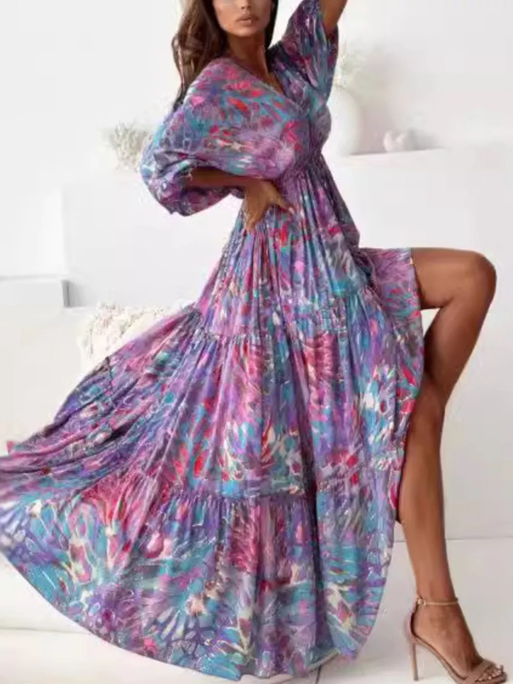 Printed V-Neck Balloon Sleeve Slit Maxi Dress, image 7