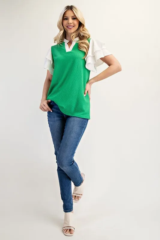 Full Size Solid Color Top with Ruffle Layered Sleeves Plus Size, image 7