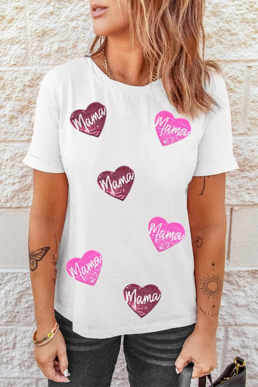 MAMA Heart Shape Sequin Patched Crew Neck T Shirt, image 4