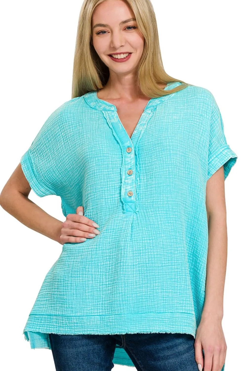 Washed Double Gauze 3/4 Button Henley Neck Shirt