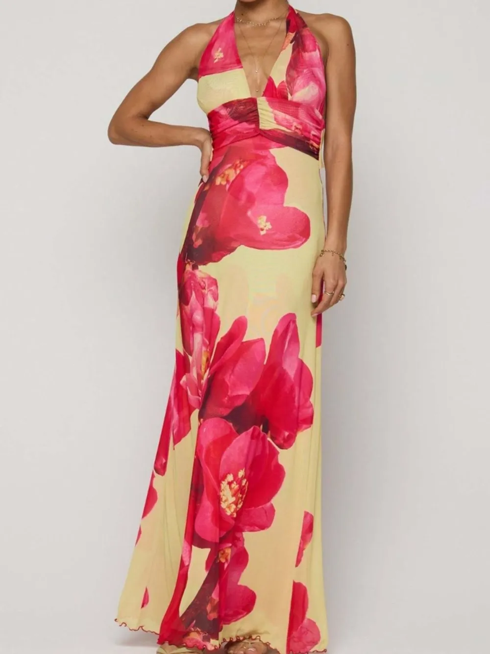 Floral Halter Neck Deep V Maxi Dress, image 13