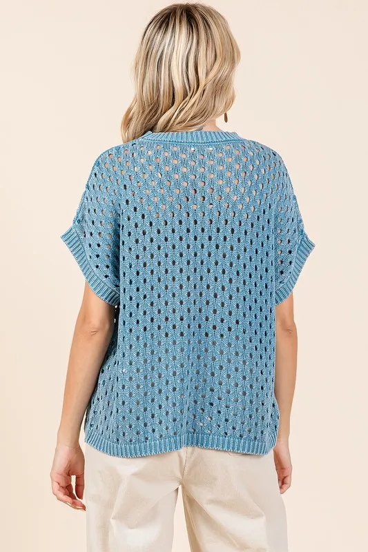 Mineral Wash Openwork Short Sleeve Knit Cover Up, image 2