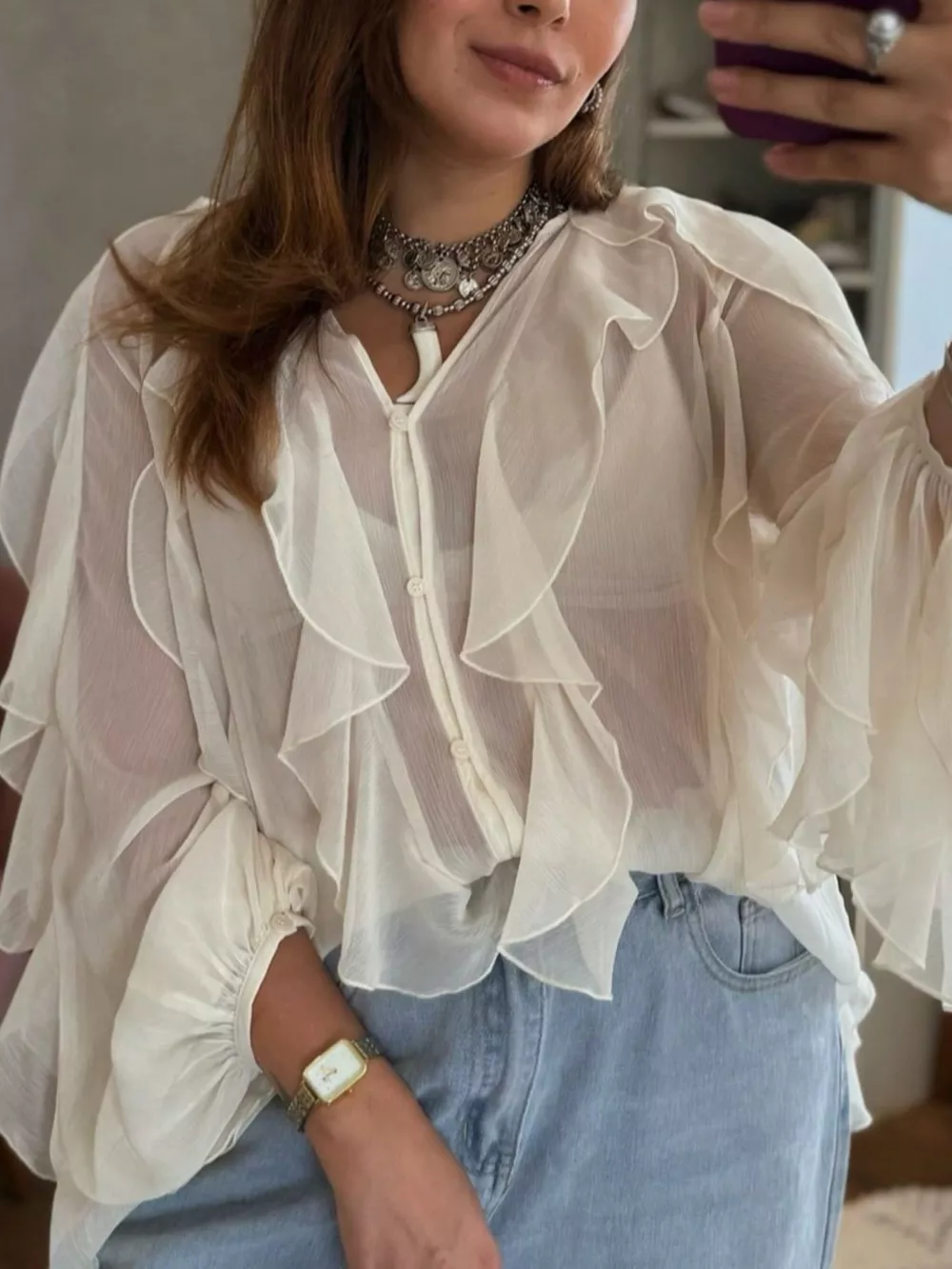 Ruffled Sheer Long Sleeve Blouse