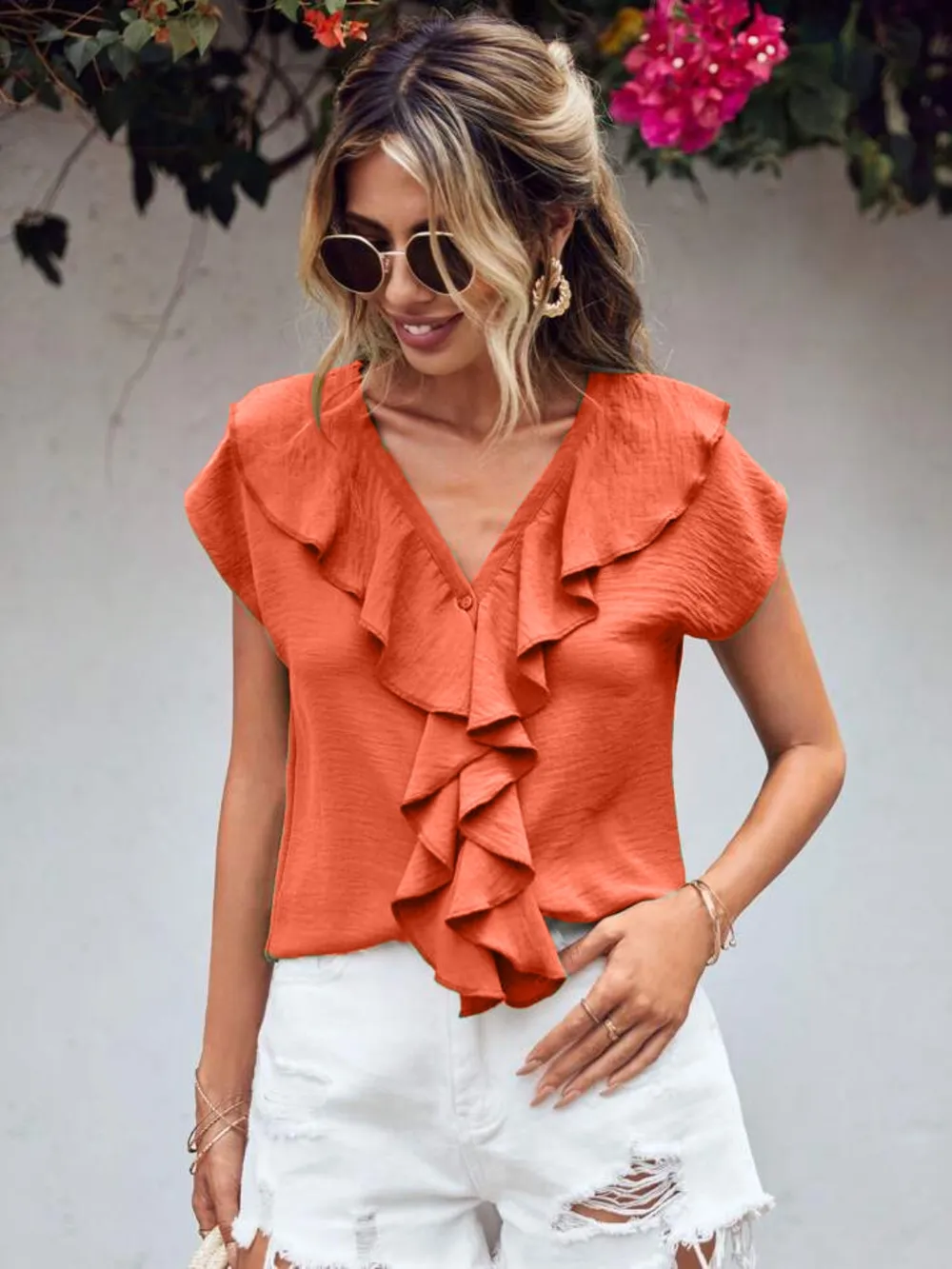 Ruffled V-Neck Short Sleeve Blouse, image 4