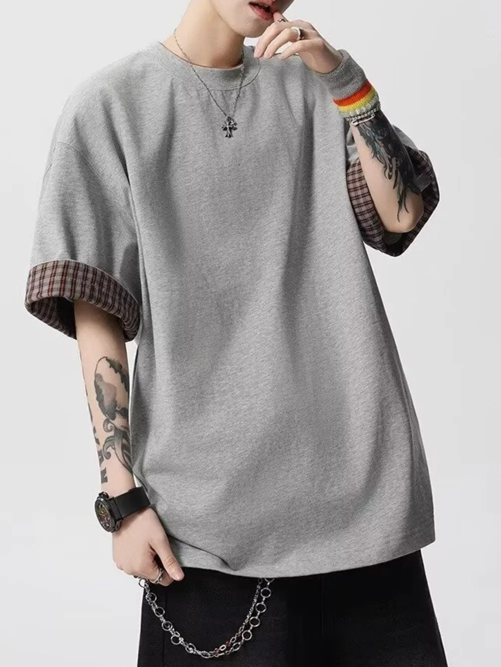 Men's Plaid Trim Round Neck Short Sleeve T-Shirt, image 6