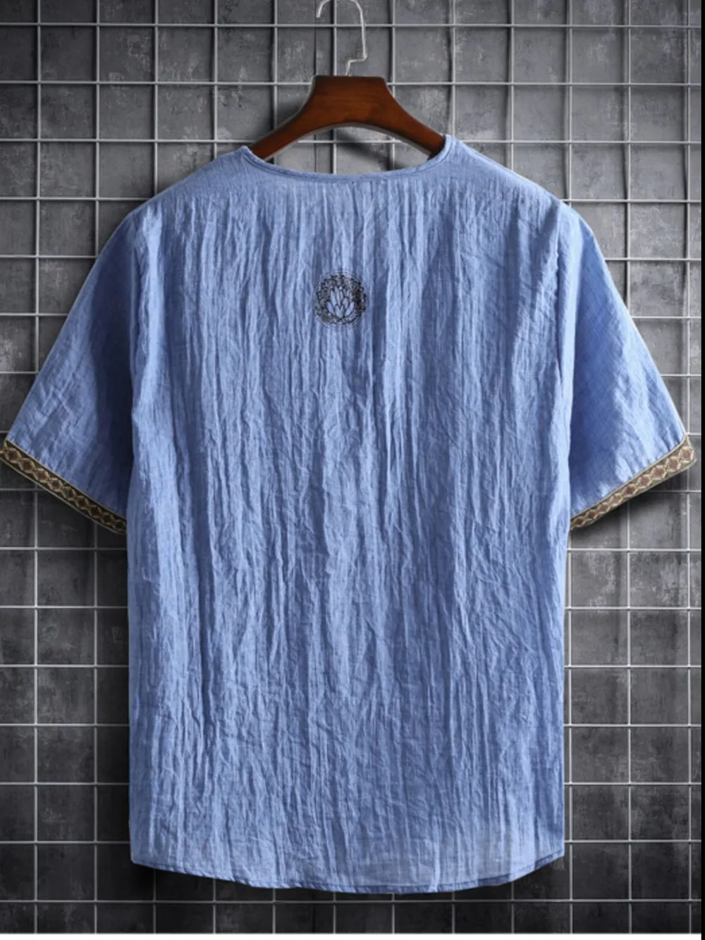 Men's Plus Size Texture Short Sleeve Top with Ethnic Trim, image 14