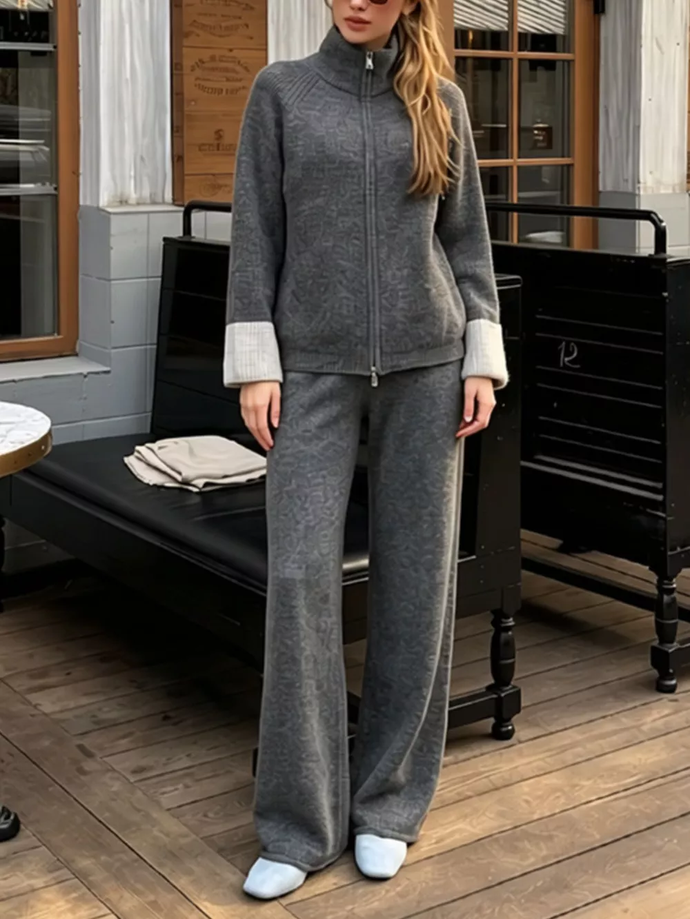 Zip-Up Contrast Cuff Cardigan and Pants Sweater Set, image 24
