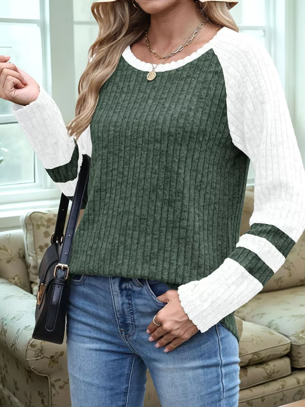 Ribbed Round Neck Raglan Sleeve Top, image 10