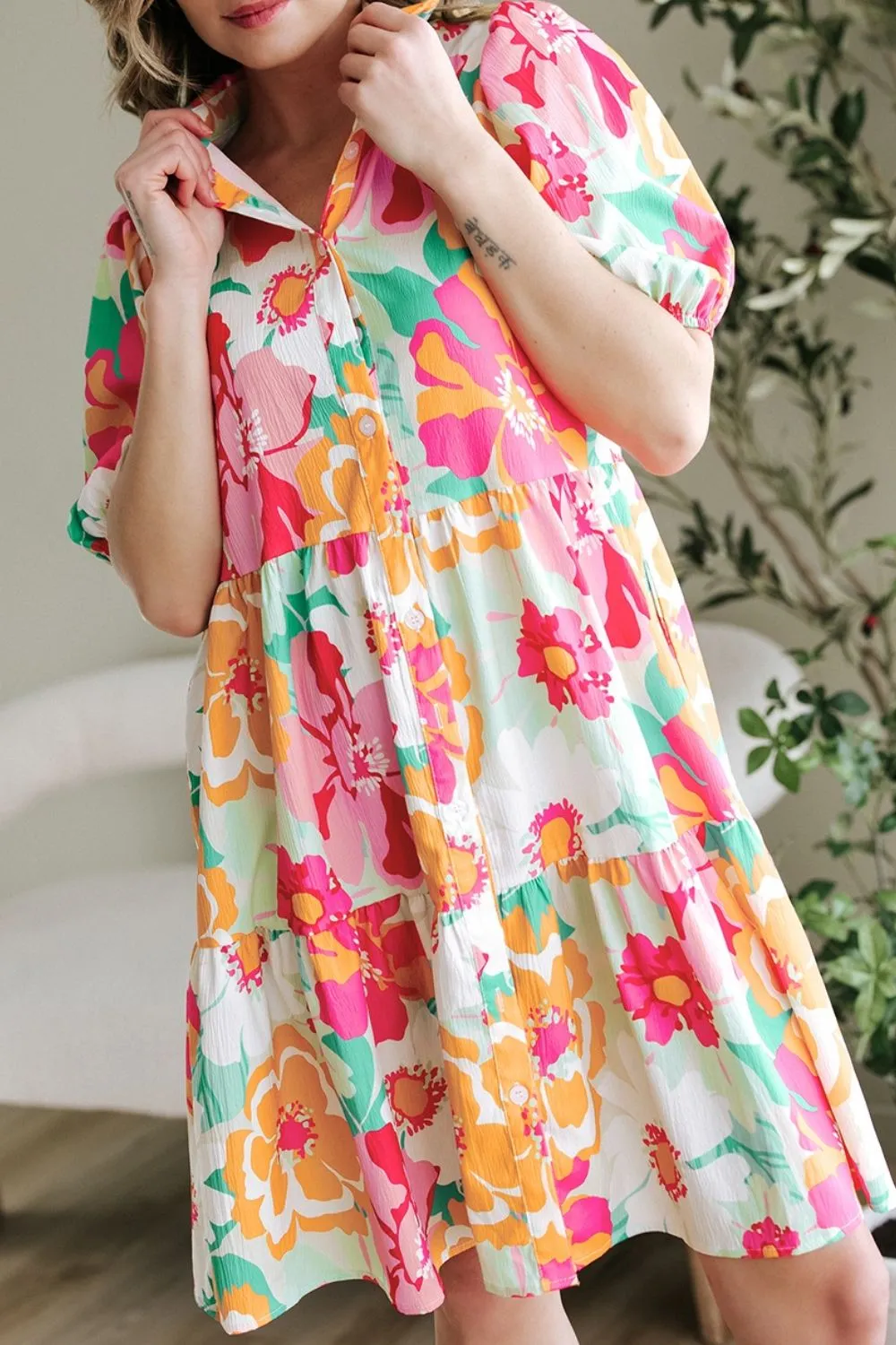 Button Down Floral Puff Sleeve Babydoll Dress, image 10