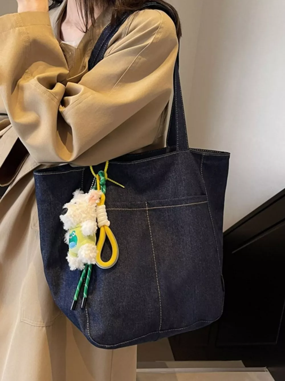 Denim Shoulder Bag with Cute Charm, image 6