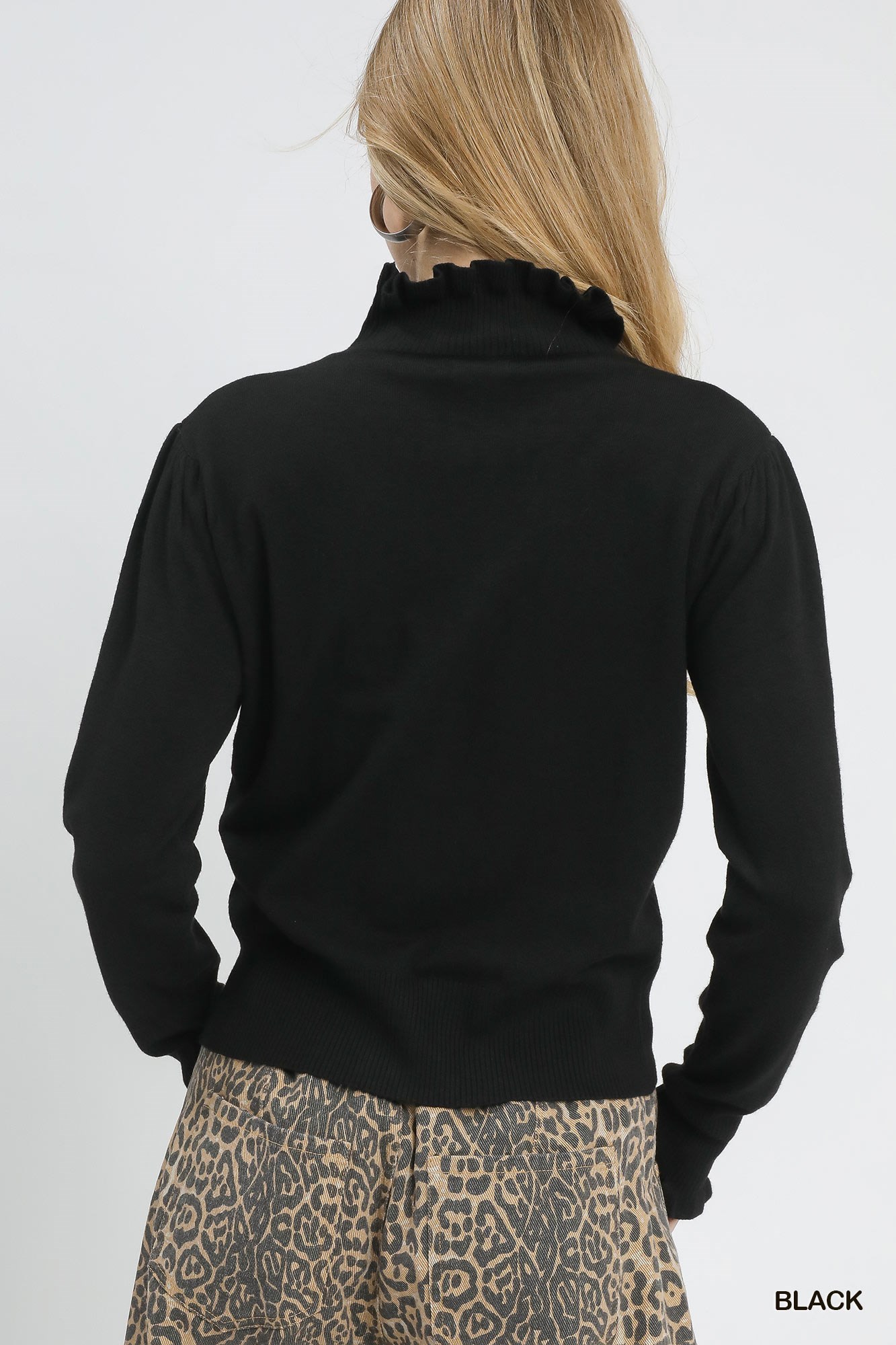 Ruffle Mock Neck Puff Sleeve Sweater, image 3