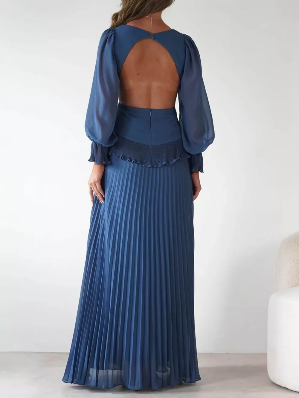 Backless Pleated Long Sleeve Maxi Dress, image 7