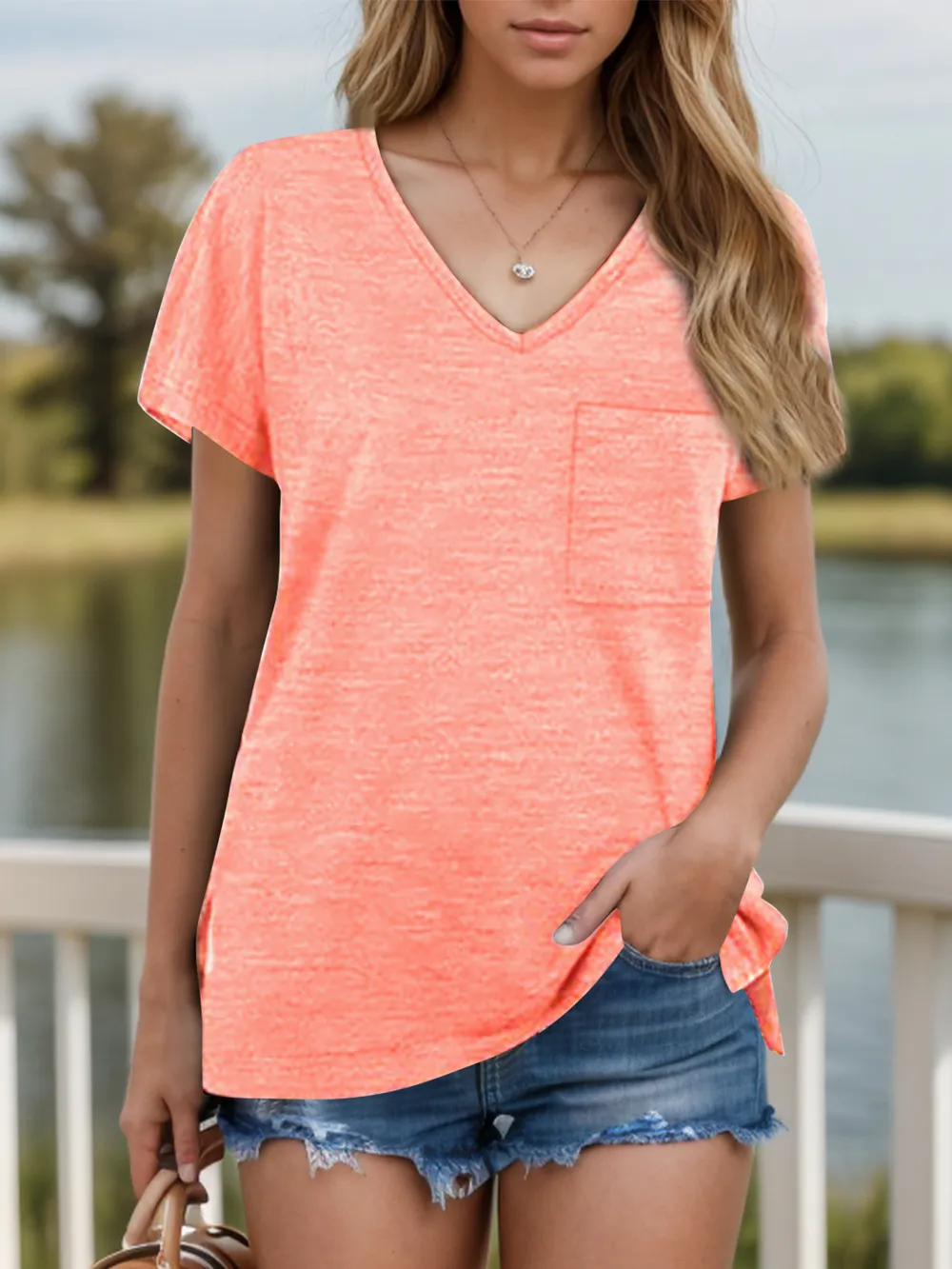 Pocketed Heathered V-Neck Short Sleeve T-Shirt, image 9