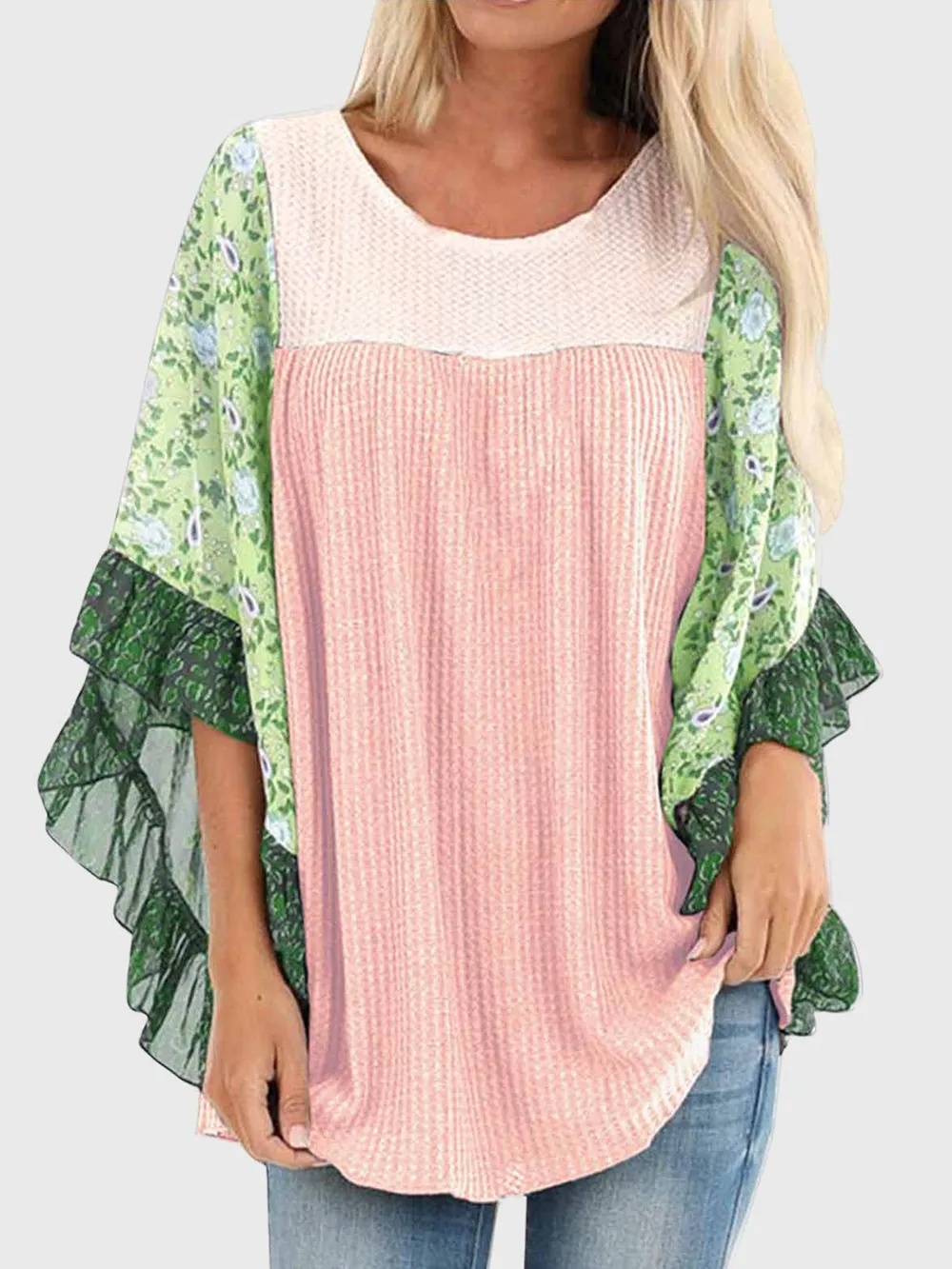 Full Size Printed Round Neck Three-Quarter Sleeve Blouse, image 12