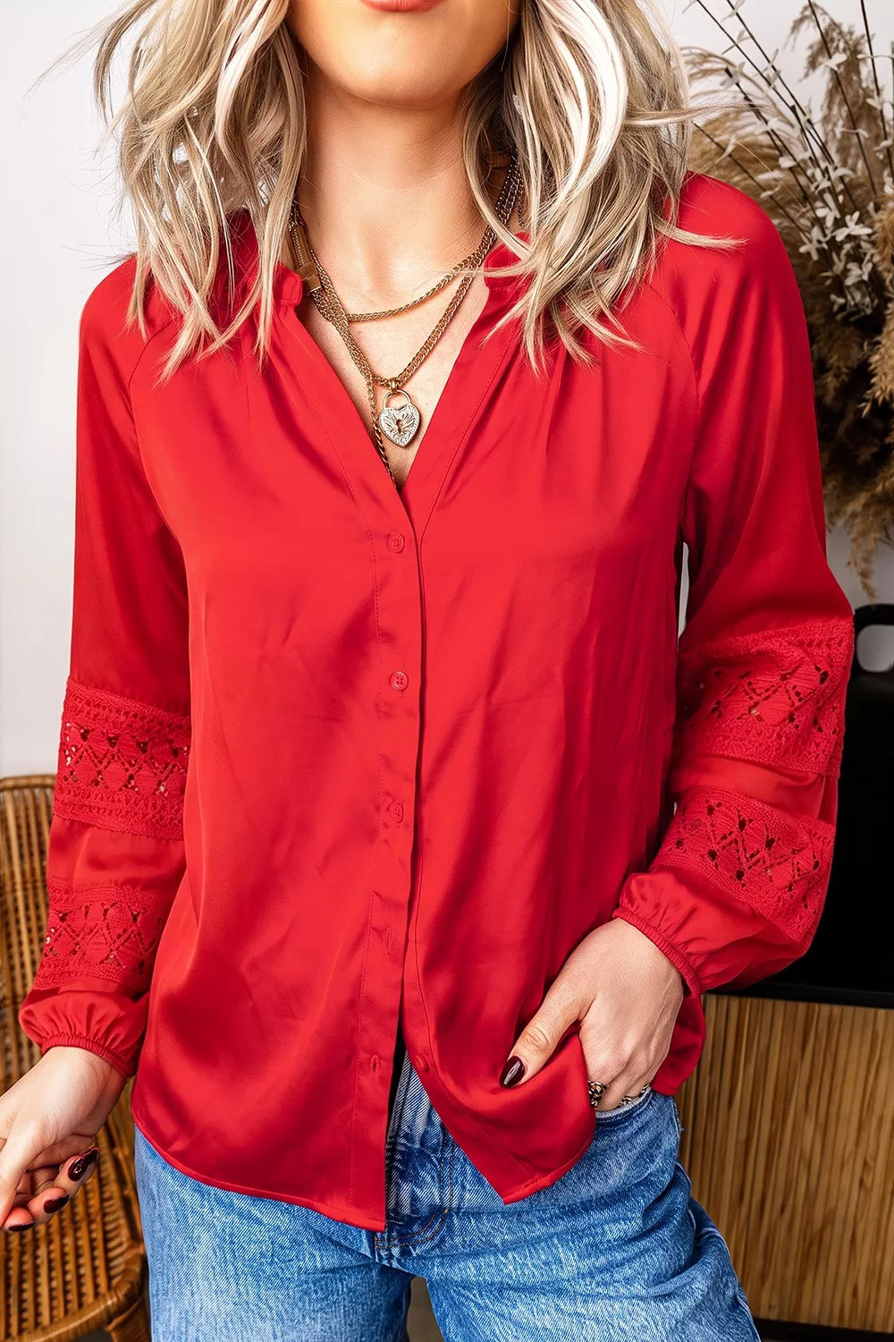 Christmas Patchwork Lace Long Sleeve V Neck Button Front Shirt