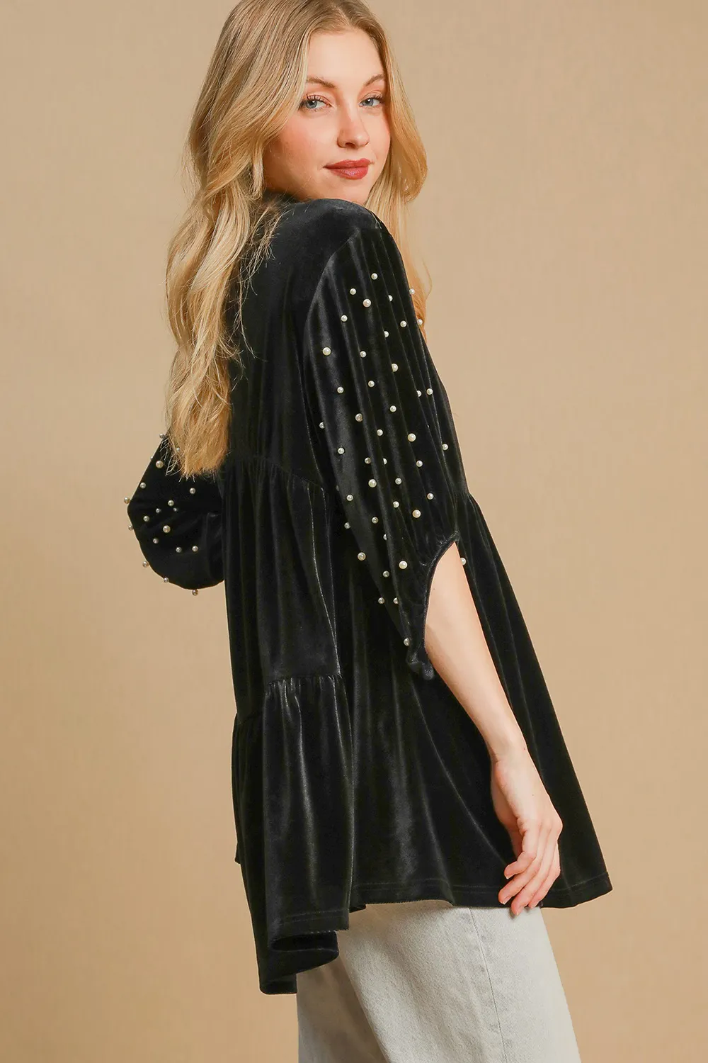 Pearl Detail Half Sleeve Velvet Babydoll Blouse, image 3