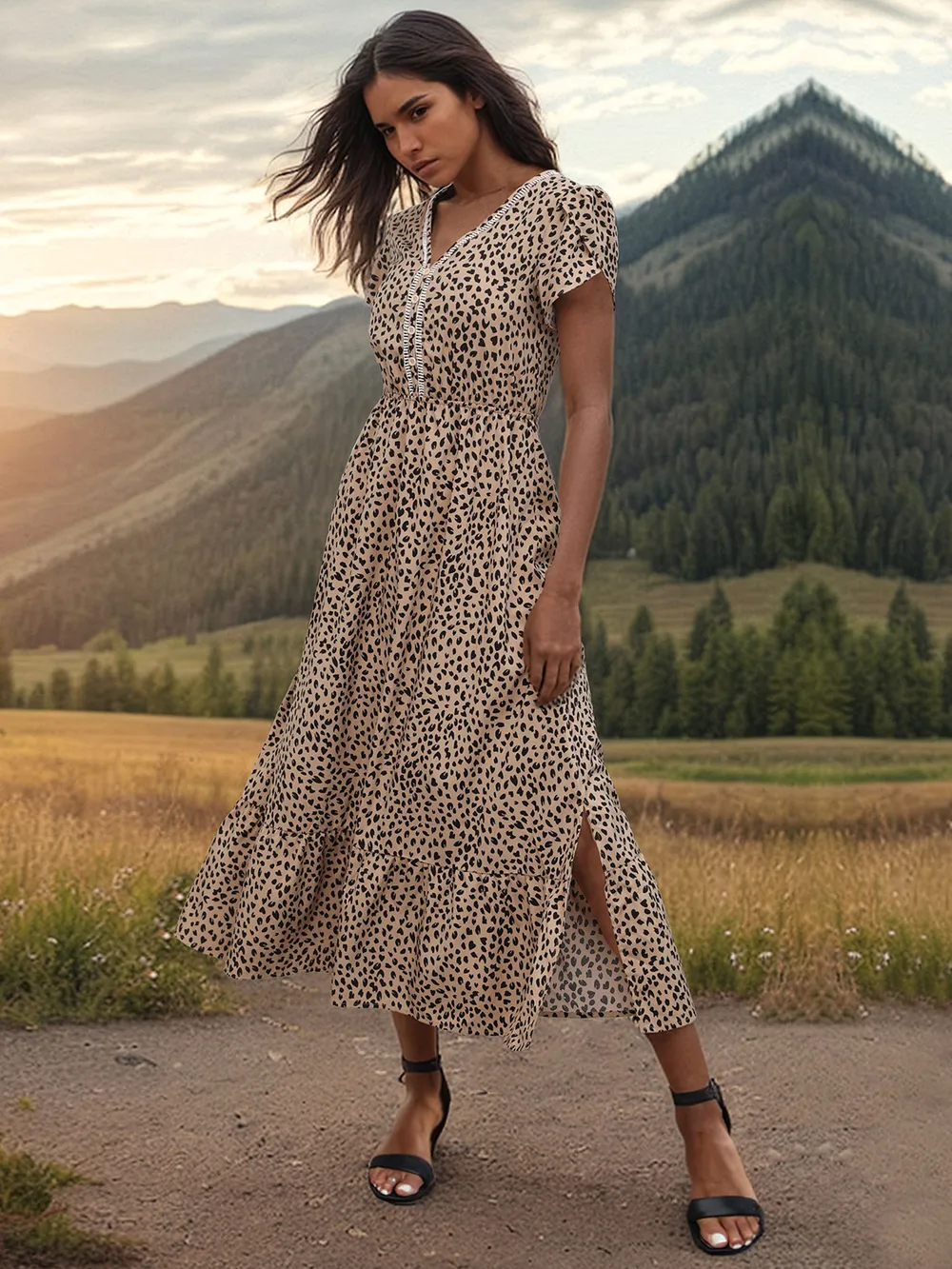Slit Printed V-Neck Short Sleeve Dress, image 4