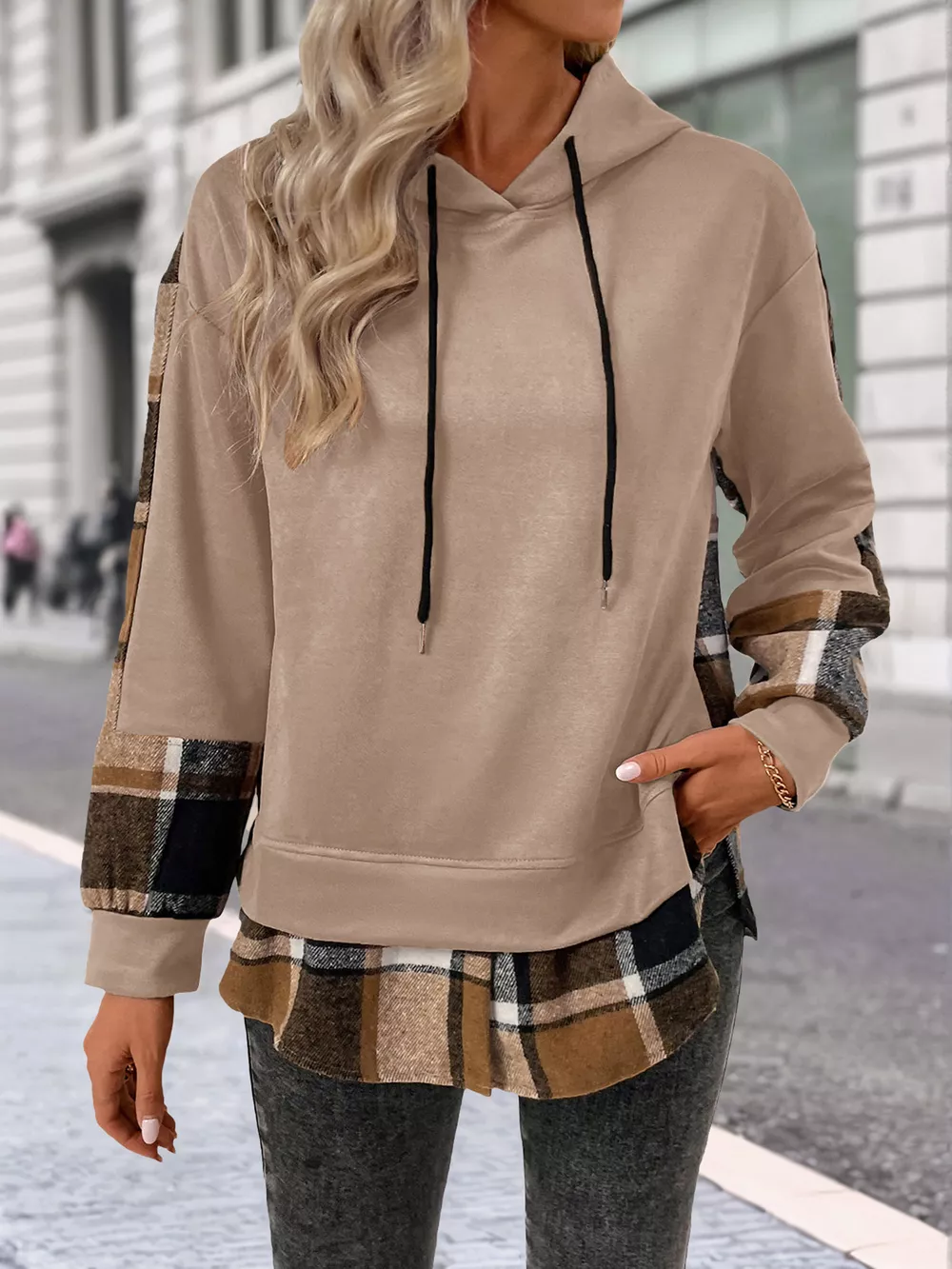 Plaid Drawstring Long Sleeve Hoodie, image 14