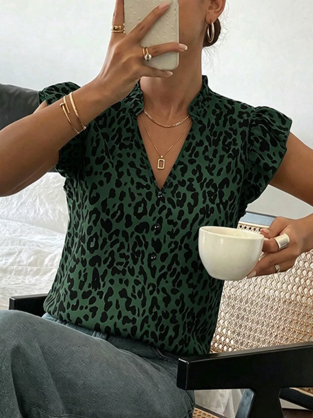 Leopard Print Ruffle Sleeve Blouse, image 13