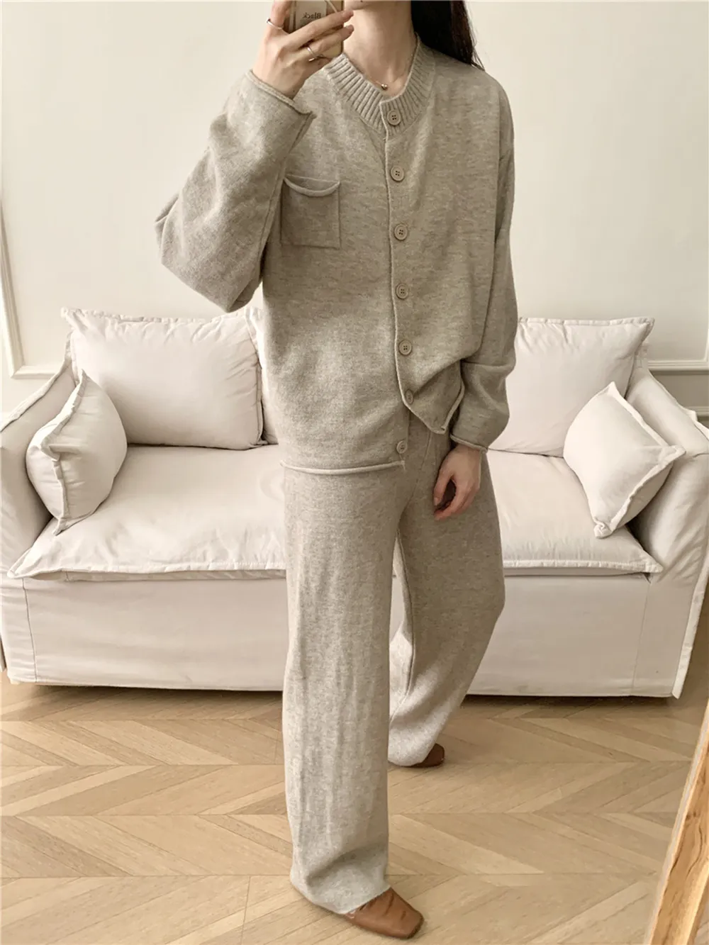 Pocketed Round Neck Button Up Cardigan and Pants Sweater Set, image 17