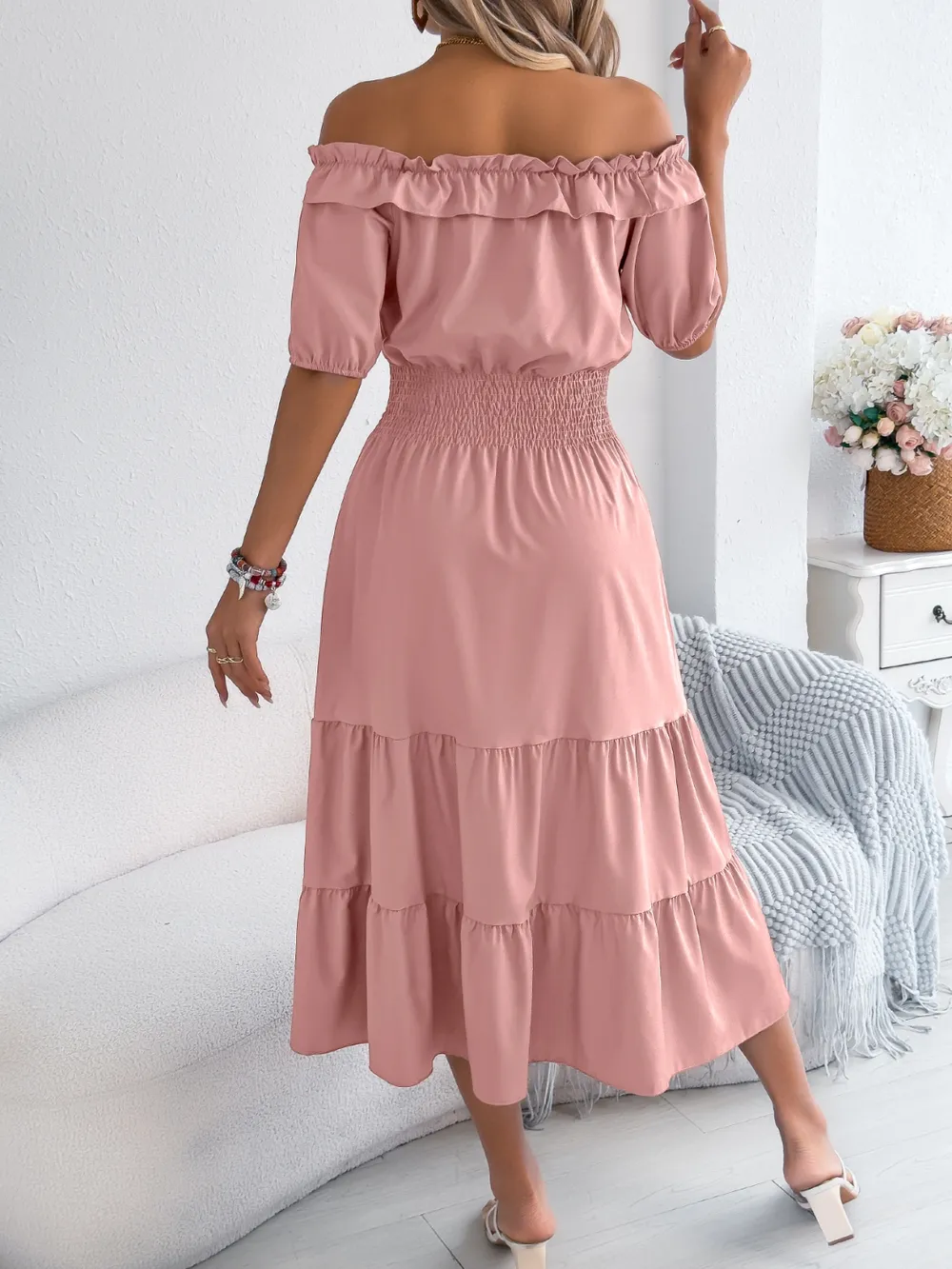 Smocked Off-Shoulder Tiered Dress, image 8