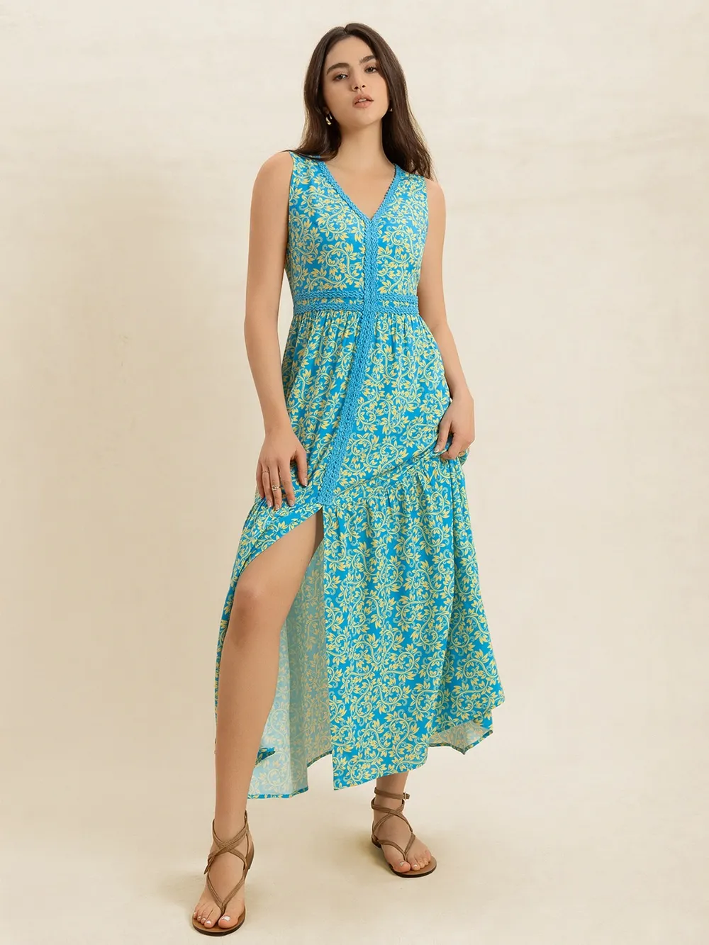 Slit Printed V-Neck Sleeveless Dress, image 6