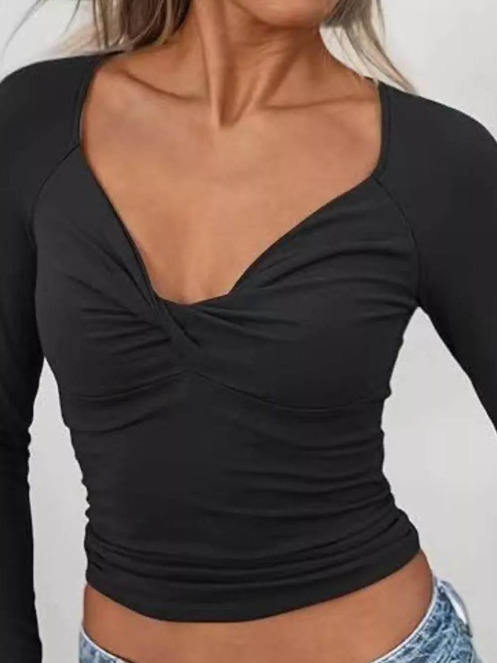 Twist Front Long Sleeve Fitted T-Shirt, image 2