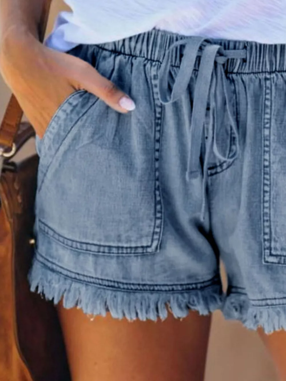 Full Size Drawstring Frayed Hem Denim Shorts Plus Size, image 8